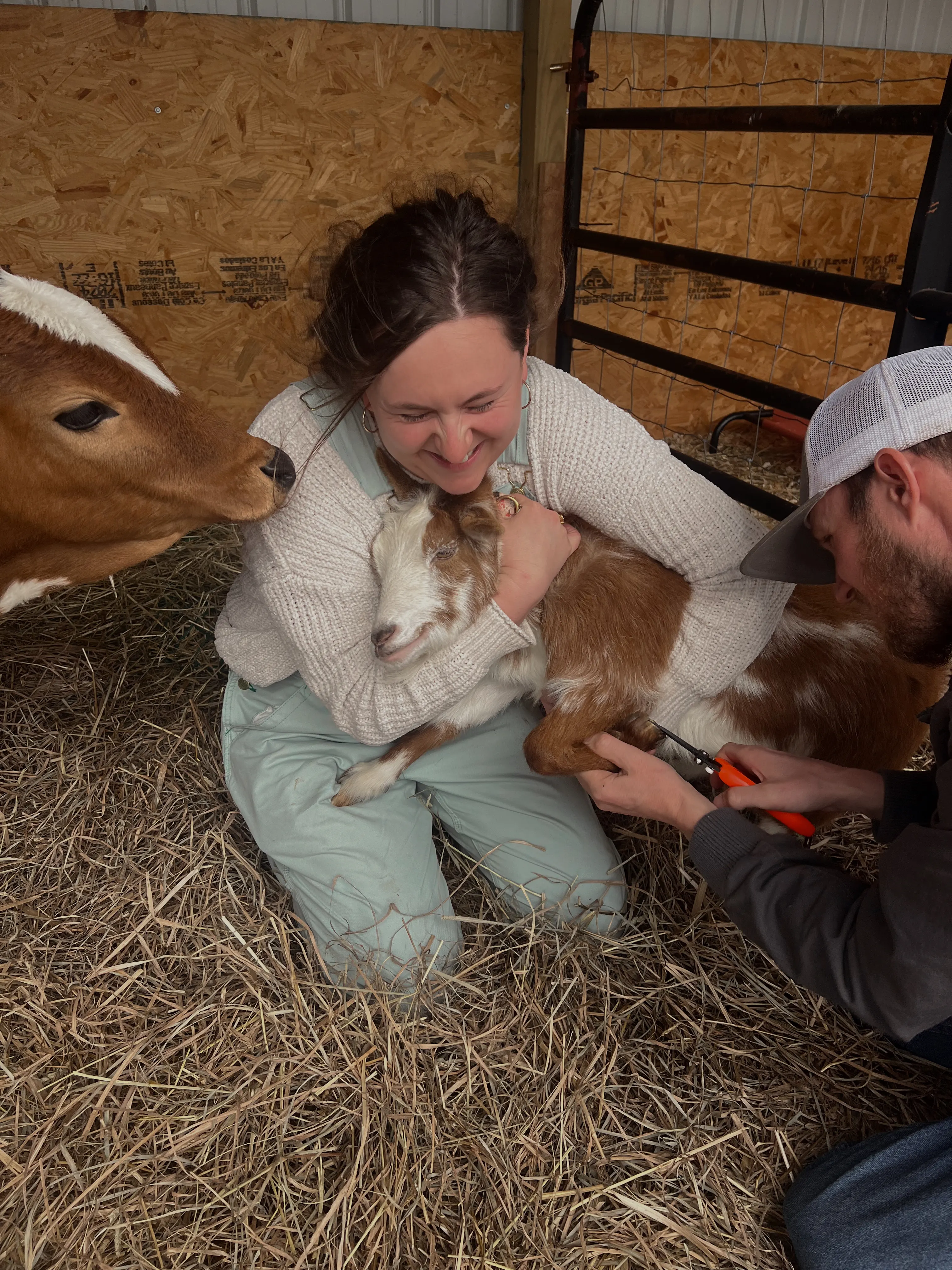 Farm owner smiling and cradling a newborn baby goat in the barn at Magnolia Hill