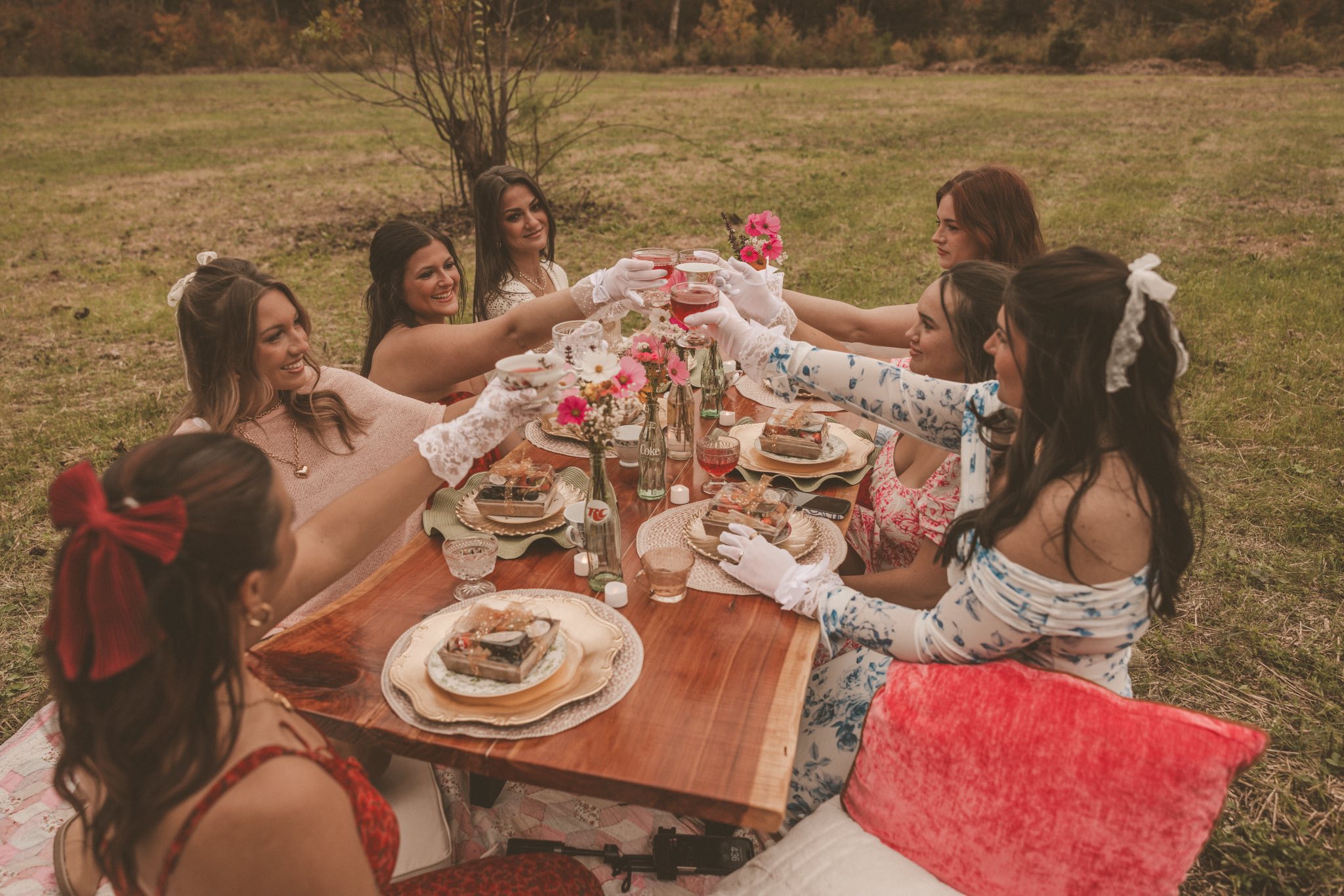 Women in colorful dresses gathered on a blanket in an autumn meadow, feeding and petting a goat at Magnolia Hill